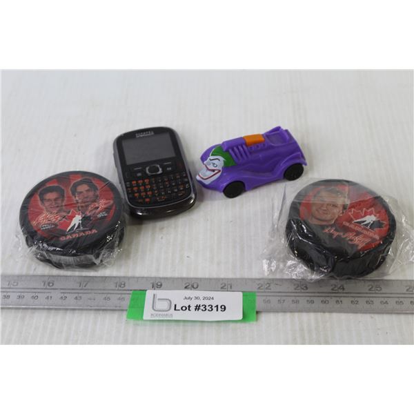 (2) Canadian Hockey Pucks - Alcatel Phone - Joker Toy Car