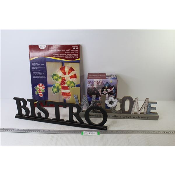 Bistro & Welcome Sign - Snowman Coaster Set - Glitter Glow Candy Cane