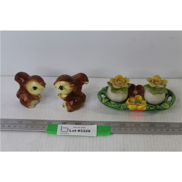 (2) Sets of Vintage Salt & Pepper Shakers (Squirrels & Flowers on Tray)