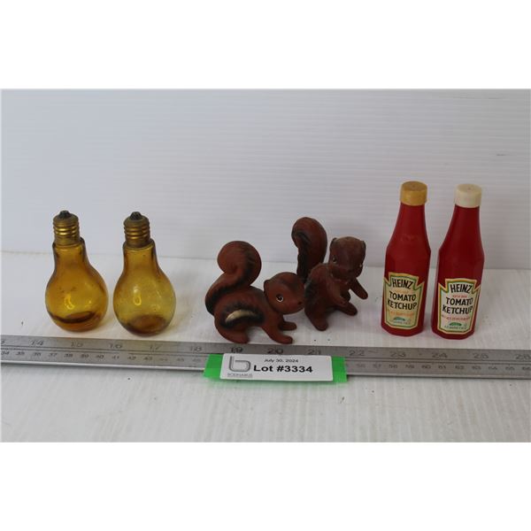 (3) Sets of Vintage Salt & Pepper Shakers (Light Bulbs - Squirrels - Heinz Ketchup Bottles)