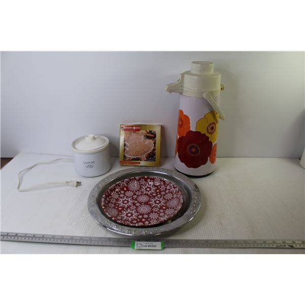 (2) Metal Trays - Crock Pot - Festive Glass Dish - Beverage Carafe