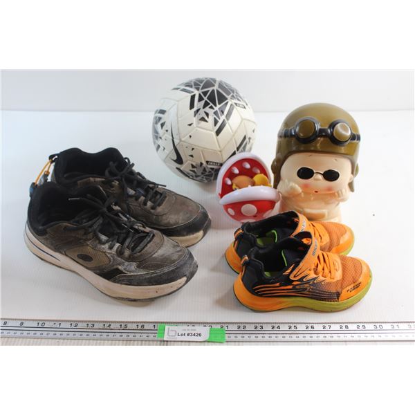 (2) Pairs of Sneakers, Piggy Bank and Misc.
