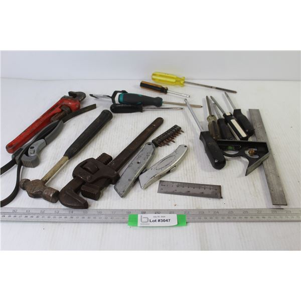Assorted Hand Tools - Hammer - Square - Screwdrivers