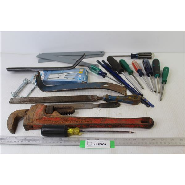 18" Pipe Wrench - Files - Prybar - Stapler - Assorted Hand Tools