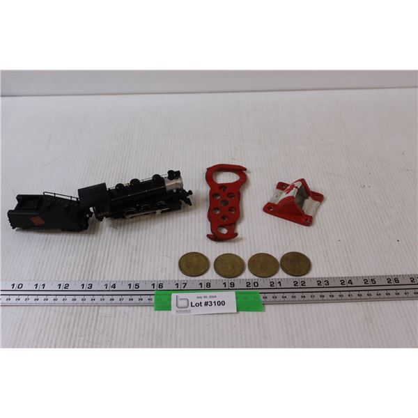 Lot: Metal Lockout Hasp, Model Train Engine & Car, (4) McDonald's NHL Coins, Beer Bottle Opener