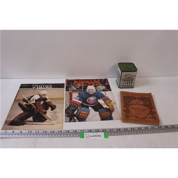 Bank of Montral Coin Bank, Christmas Carol Book, (2) Scotiabank College Hockey News Magazines