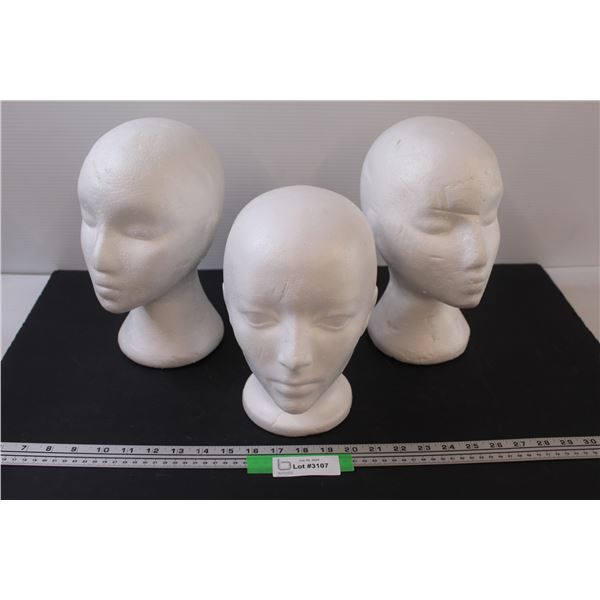 (3) Mannequin Heads (Foam) - (2) 11" Tall, (1) 10" Tall