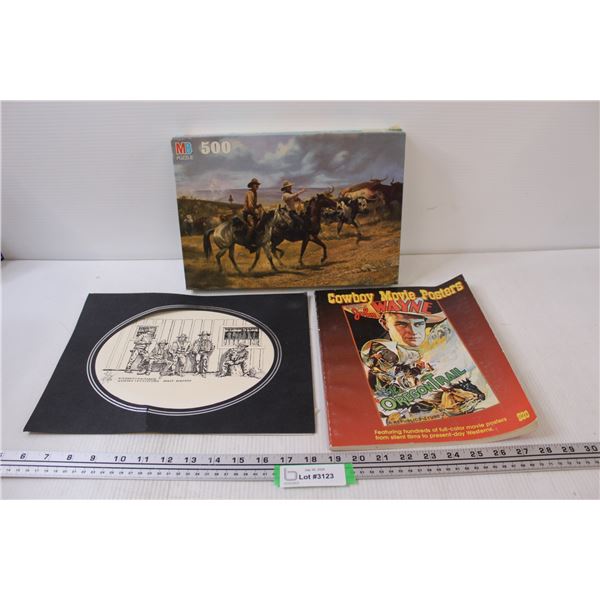 Western Lot: Puzzle, Cowboy Movie Posters Book, Banff Alberta Drawing in Frame