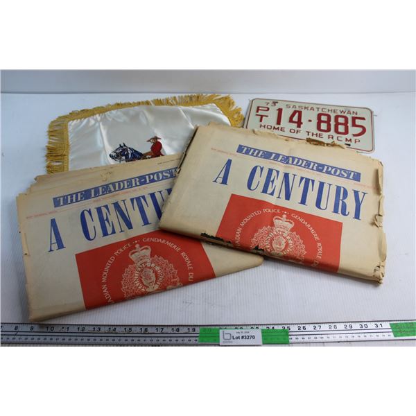 RCMP Car Plate, Table Cloth and News Papers