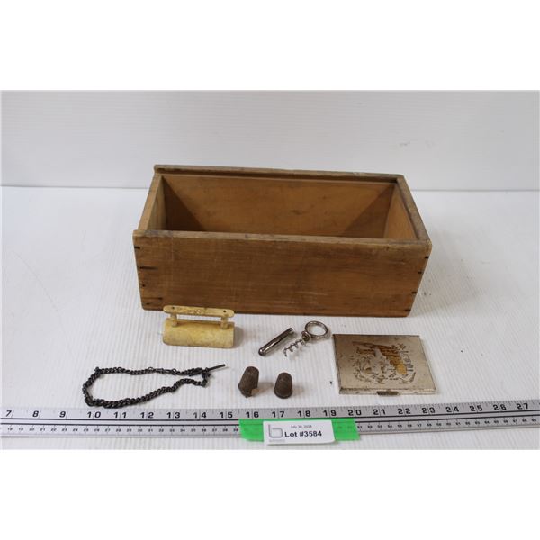 Wood Box w/Cigarette Holder, (2) Thimbles, Nail Brush, Wine Bottle opener, Bracelet