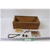 Image 1 : Wood Box w/Cigarette Holder, (2) Thimbles, Nail Brush, Wine Bottle opener, Bracelet
