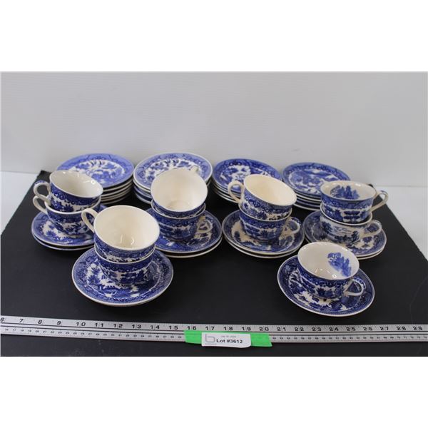 "Blue Willow" Pattern Tea Cups & Plates Set (11 Tea Cups & Dessert Plates as well)