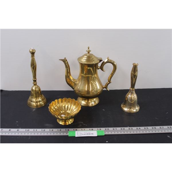 Brass Lot: (2) Bells, Teapot, Candy Dish
