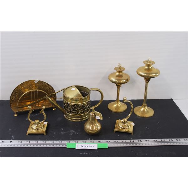 Brass Lot: (2) Oil Lamps, Napkin Holder, Pear Bell, Watering Can Decor, Misc