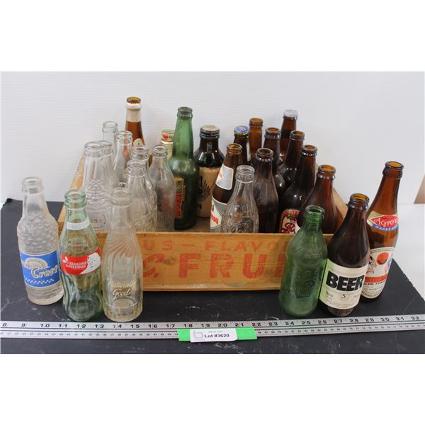 (20+) Vintage Glass Bottles: Sprite, Coca Cola, Beer, Sun Crest, Misc. in Wooden Crate