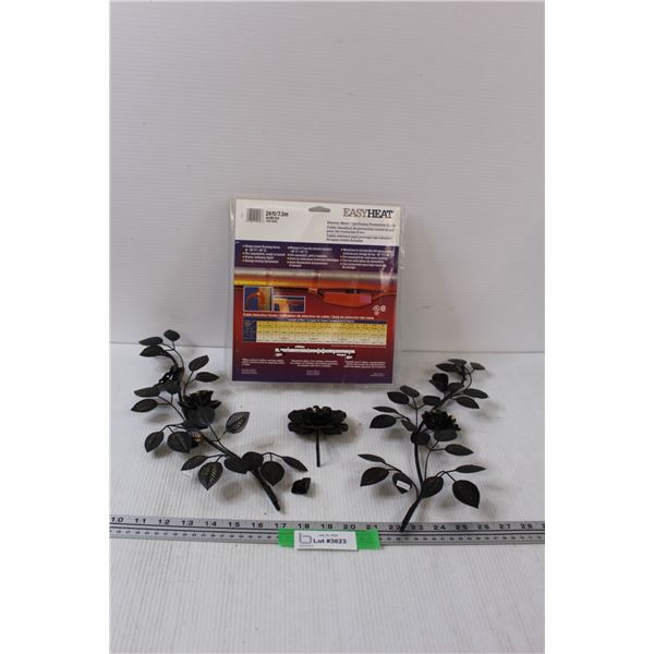 Easy Heat Pipe Freeze Protection Cable (Appears New), (2) Wall Metal Decor - 16" & Flower