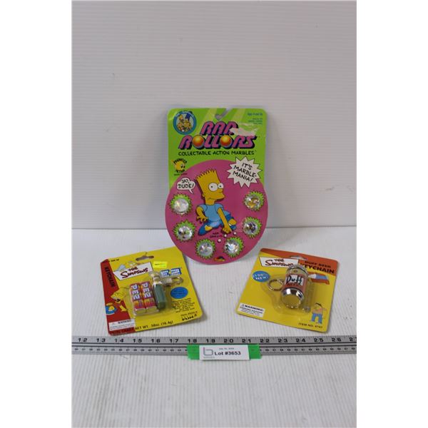 Simpsons Pez, Duff Beer Keychain, Rad Rollers (Marbles Set)
