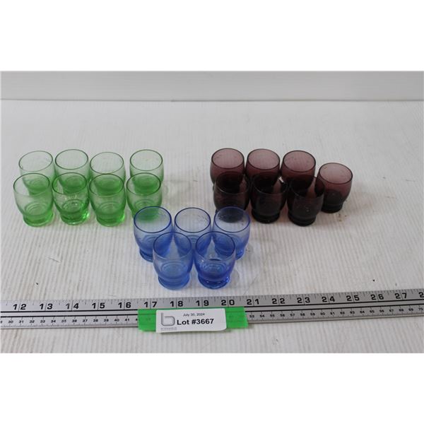 (7) Red Glass Shot Glasses, (8) Green Glass Shot Glasses, (5) Blue Glass Shot Glasses