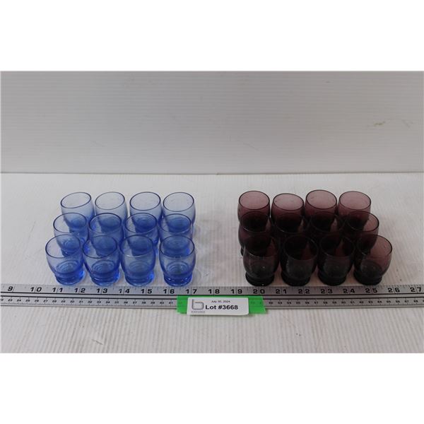 (12) Red Glass Shot Glasses, (12) Blue Shot Glasses
