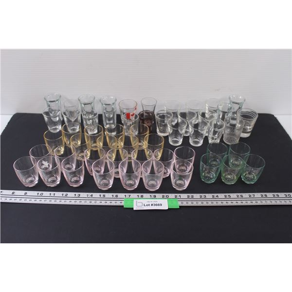 (30+) Shot Glasses: Colored Glass Variety & Clear Glass Assorted