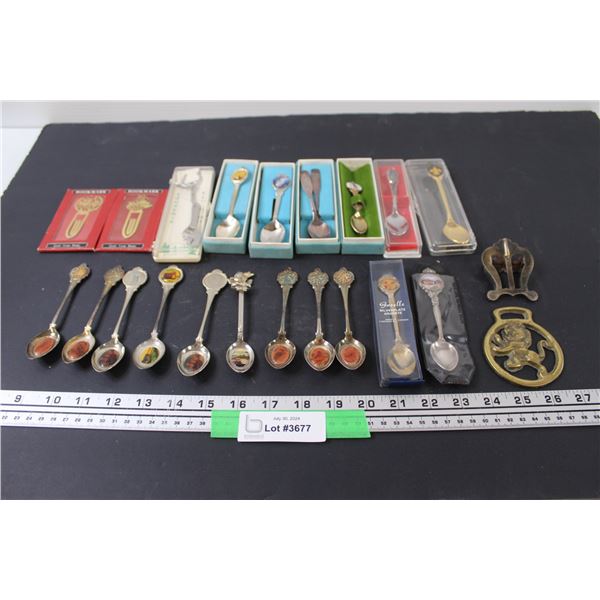 (16) Collector Spoons (School Reunion, Canadian, Misc.) & (2) Brass Bookmarks, Misc.