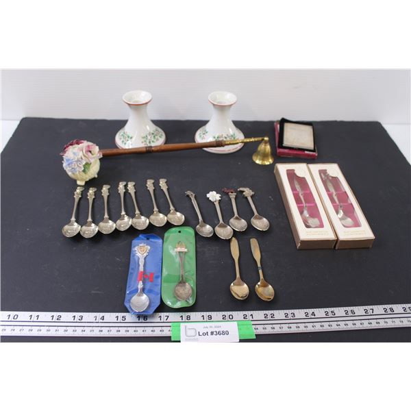 Christmas Collector Spoons, (2) Christmas Candlestick Holder & Snuffer, Mini Address Book, Animal Co