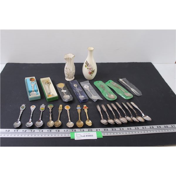 (24) Collector Spoons (Anniversary, Provincial, Misc.) (2) Vases