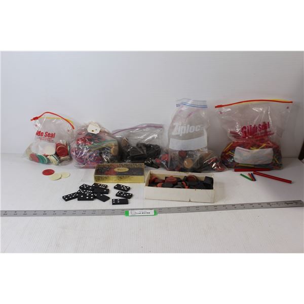 Assorted Checkers Pieces, Assorted Dominoes, Assorted Wooden Pegs