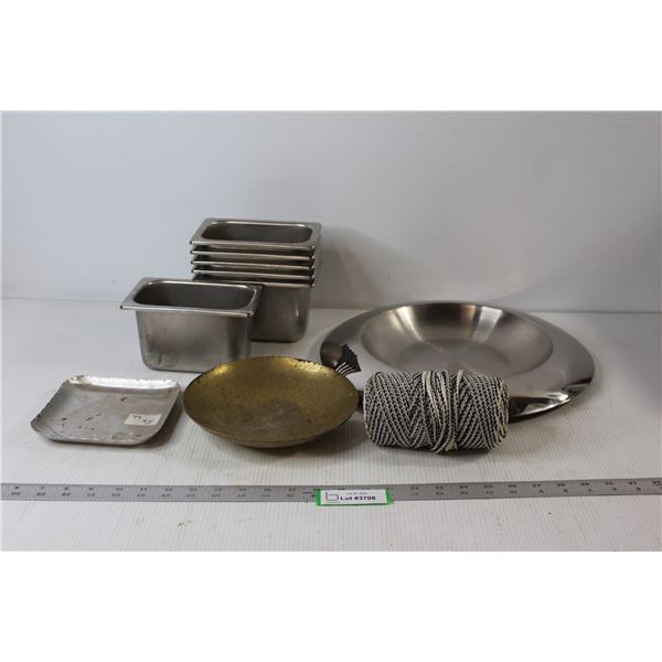 (3) Metal Trays, (6) Stainless Steel Ice Cream Pans, Unknown Length Of Rope