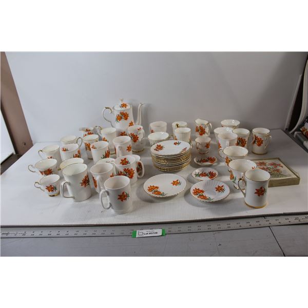 (15) Bone China Trays, (2) Cream And Sugars, Tea Pot, (28) Cups