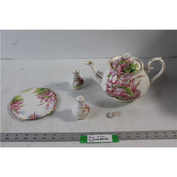 Royal Albert Bone China Blossom Time Teapot, Salt and Pepper Shakers, Tray