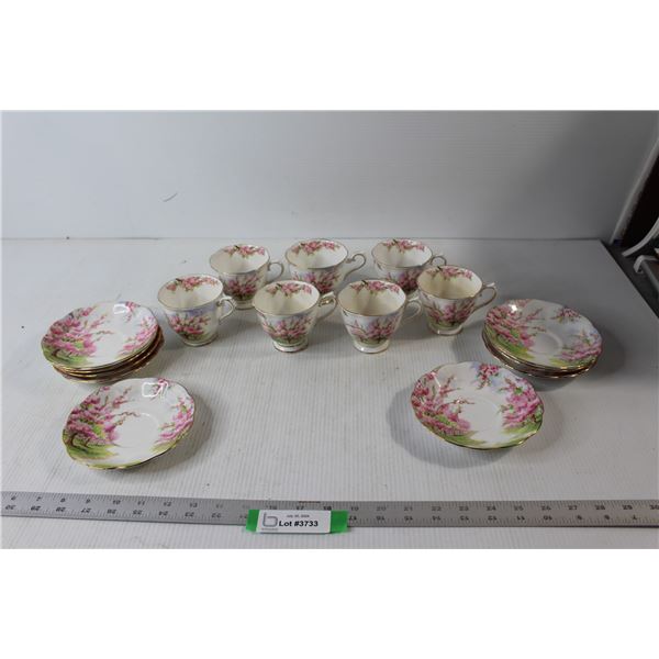 (7) Royal Albert Bone China Blossom Time Cups, (9) Trays