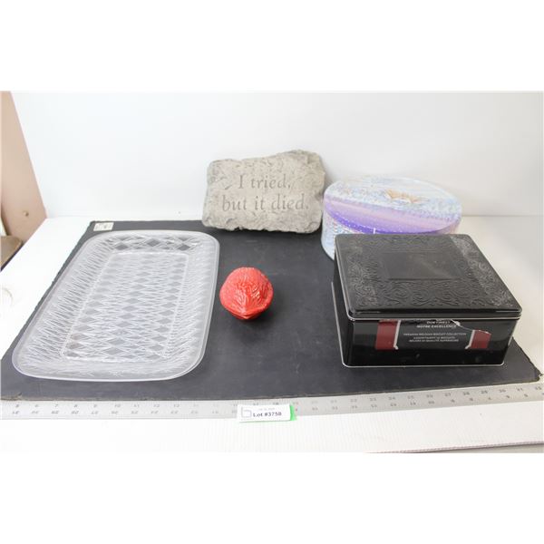 (2) Cookie Tins, Nut Cracker, Inscribed Stone