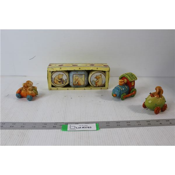 (3) Candles, (3) Porcelain Car Toys