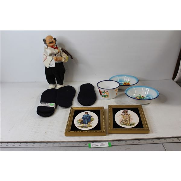 (4) Shoe Soles, (3) Bowls, (2) Frames Ceramic Blue Boy and Pink Lady Art - Both Measure 6 1/2" x 8 1