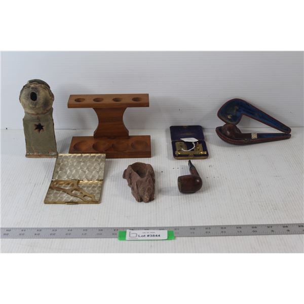 (2) Smoking Pipes, Gillete Razer Kit, Cigarette Garbage Statue, Misc