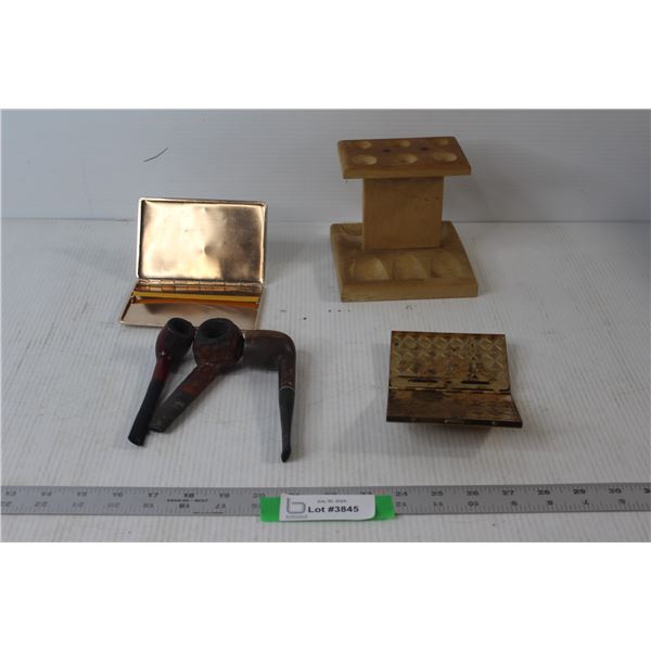 Antique Money Purse/Wallet, Cigarette Case, (3) Smoking Pipes, Wooden Smoking Pipe Holder