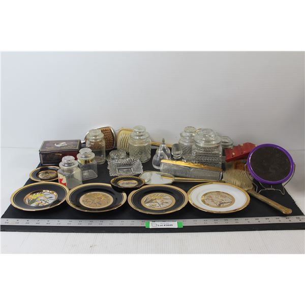(6) Trays, Glass Tray, (5) Glass Containers, (2) Music Boxes, (4) Brushes