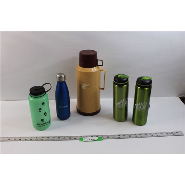 (4) Water Bottles & Large Vintage Thermos