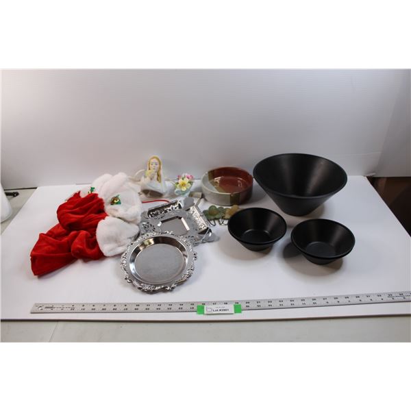 Various Items - Santa's Sack, Platters, Ashtray, Hangers, Percaline Flowers, Pliers & (5 pc) Salad B