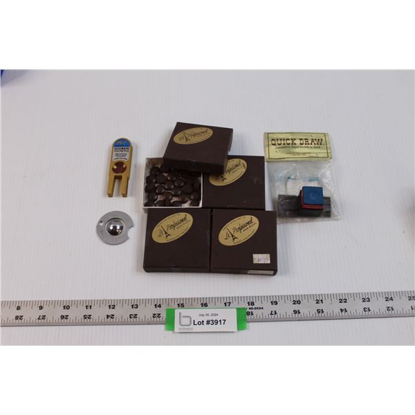 (4) Partial Boxes Le Professional Pool Cue Tips, Willard's Tip Shaper, Quick Draw Chalk Holder w/Cha