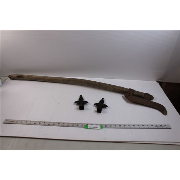 Vintage Brush Axe w/Hand Made Handle & (2) Cast Iron Final Fleur De Lis Decorative Toppers