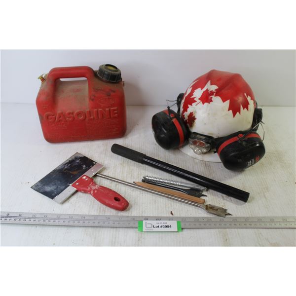 Hardhat w/Ear Protection - 1 Gallon Gas Can - Drill Bits - Mud Knife