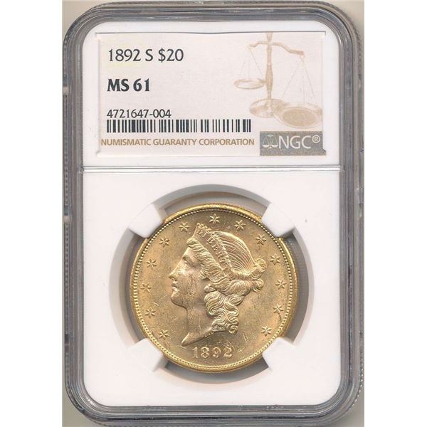 Last Minute! 1892-S Gold $20 Liberty Head NGC MS61 (Not PL On Holder)
