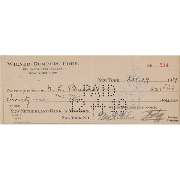Max R. Wilner and Sigmund Romberg signed check