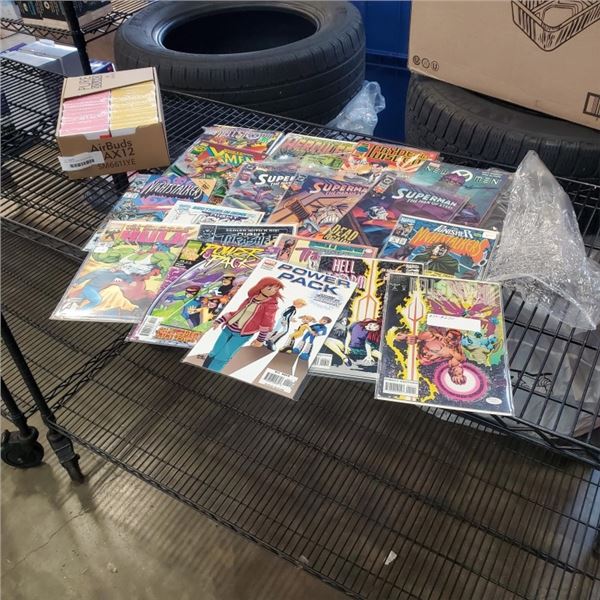 NEW CASE OF WIRELESS BLUETOOTH EARBUDS, 18 PCS, AND COLLECTIBLE COMICS, SUPERMAN, HULK, ETC