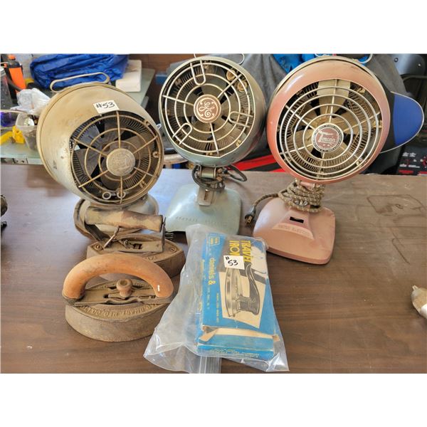 3 old fans, sad iron, and electric iron.