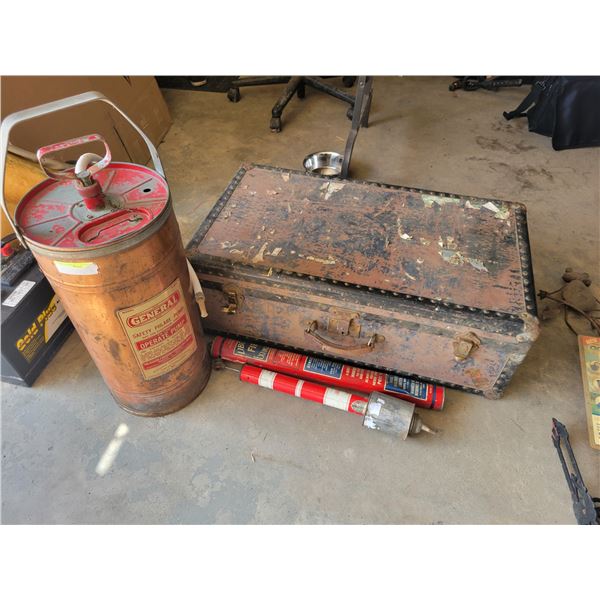3 fire ext., and small old suitcase.