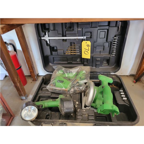 Cordless tool set, and misc. drill bits. As is.