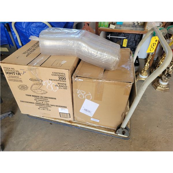 Rolling cart complete with 2 boxes of plastic containers.